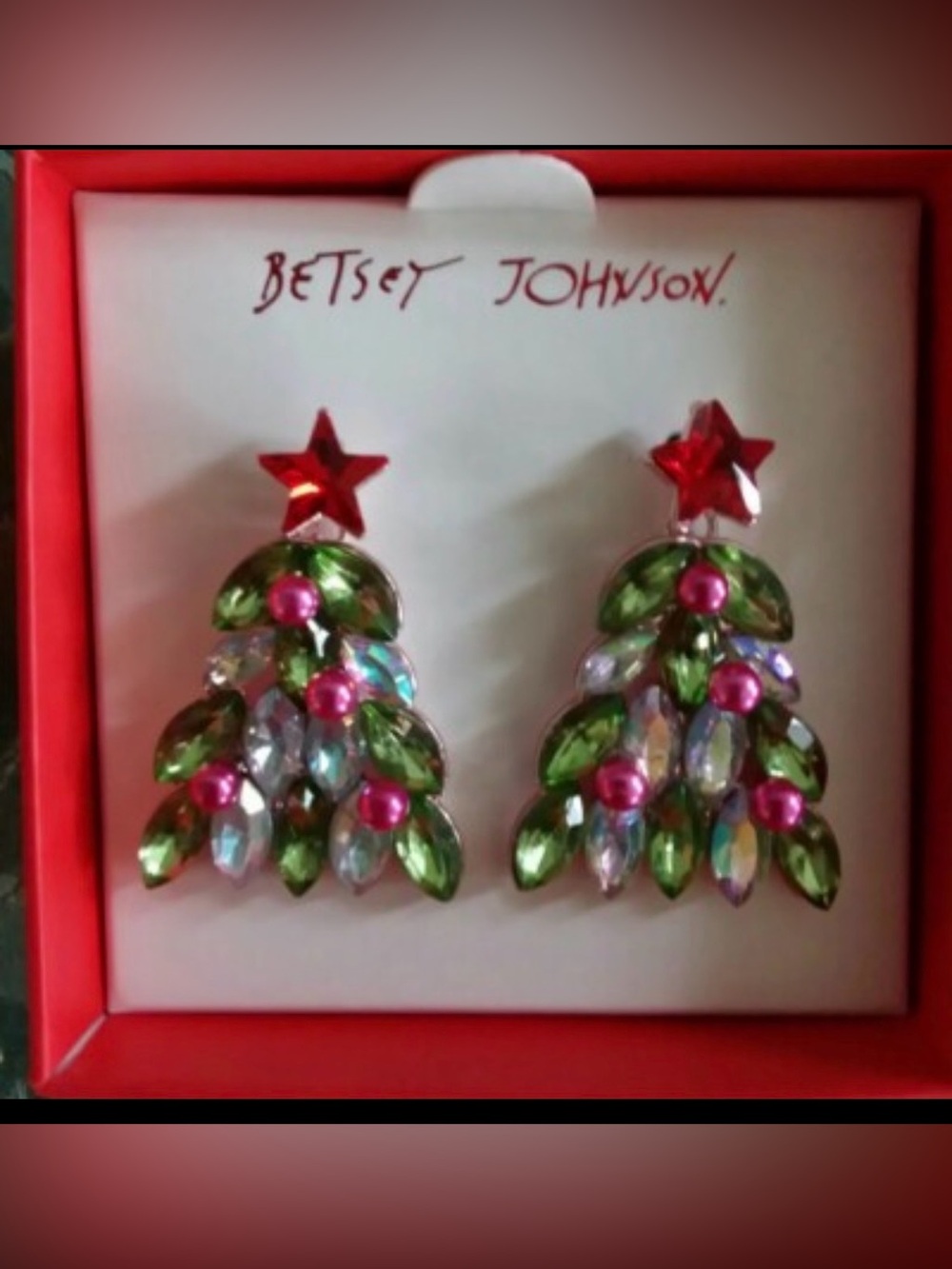 Betsey Johnson Holiday Whimsy Christmas Tree Drop Earrings Pink Green Crystal